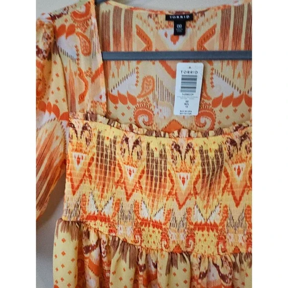 Torrid Top 00 M/L Ikat Babydoll Smocked Boho Ruffle Western Patchwork Earthy - Picture 6 of 16